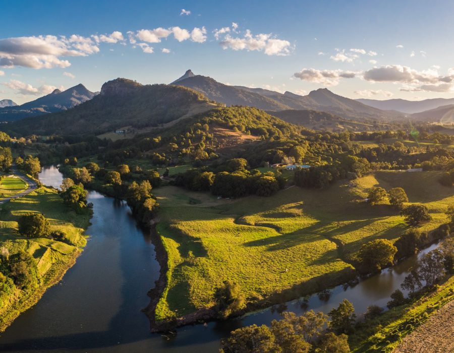 Drone view of Tweed River and Mount Warning, New South Wales, Au